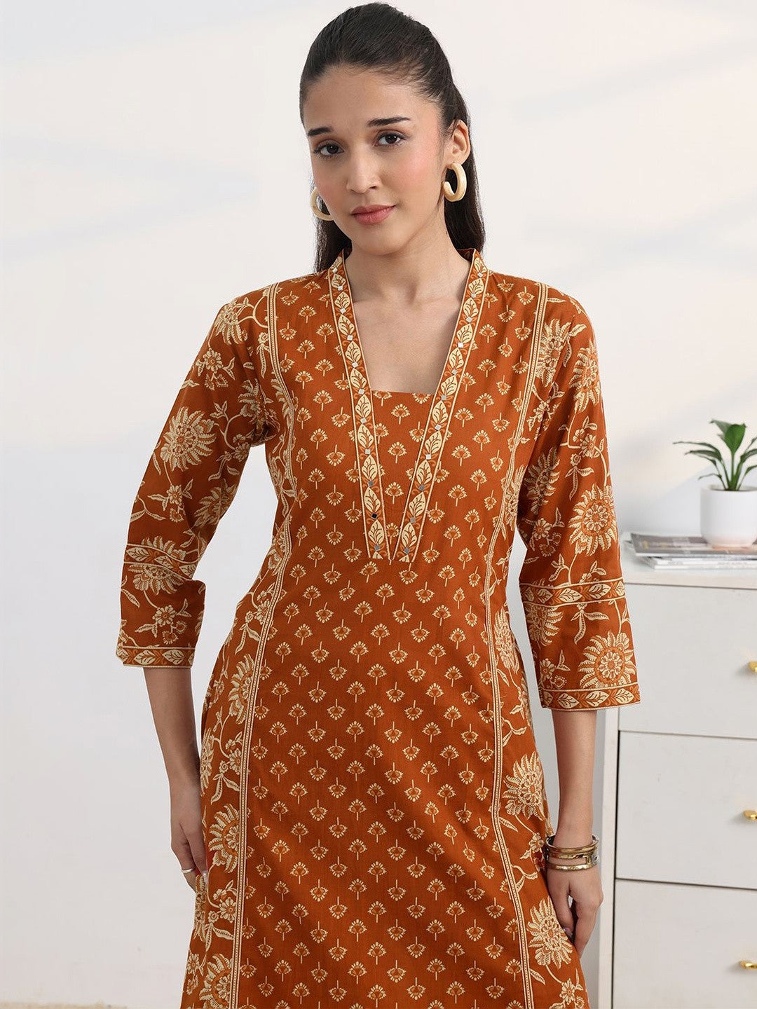 Libas Rust Floral Print A-Line Suit Set with Dupatta