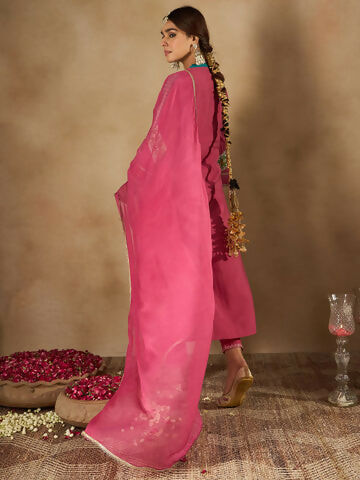 Women's Pink Embroidered Straight Kurta Trousers With Dupatta Set