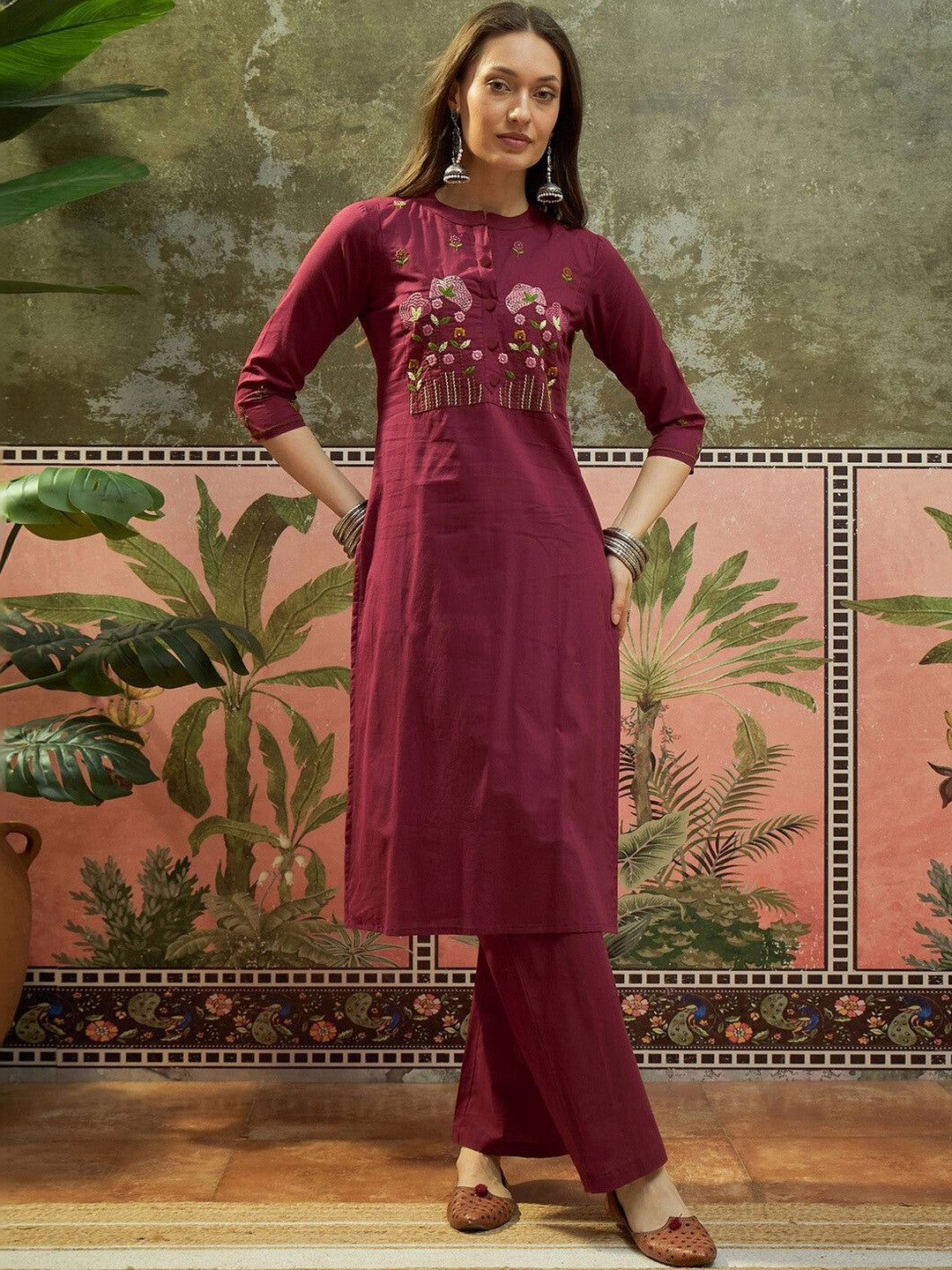 Embroidered Pure Cotton Mandarin Collar Kurta & Trousers With Dupatta