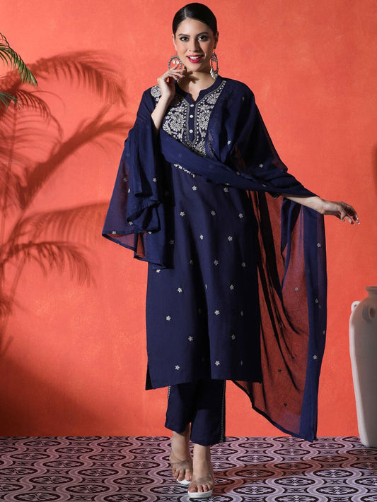 Dhiyona SN Women's Floral Embroidered Mandarin Collar A-Line Kurta With Trousers & Dupatta