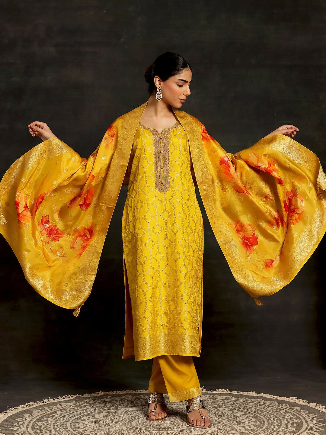 Women's LB Mustard Woven Design Silk Blend Straight Suit With Dupatta