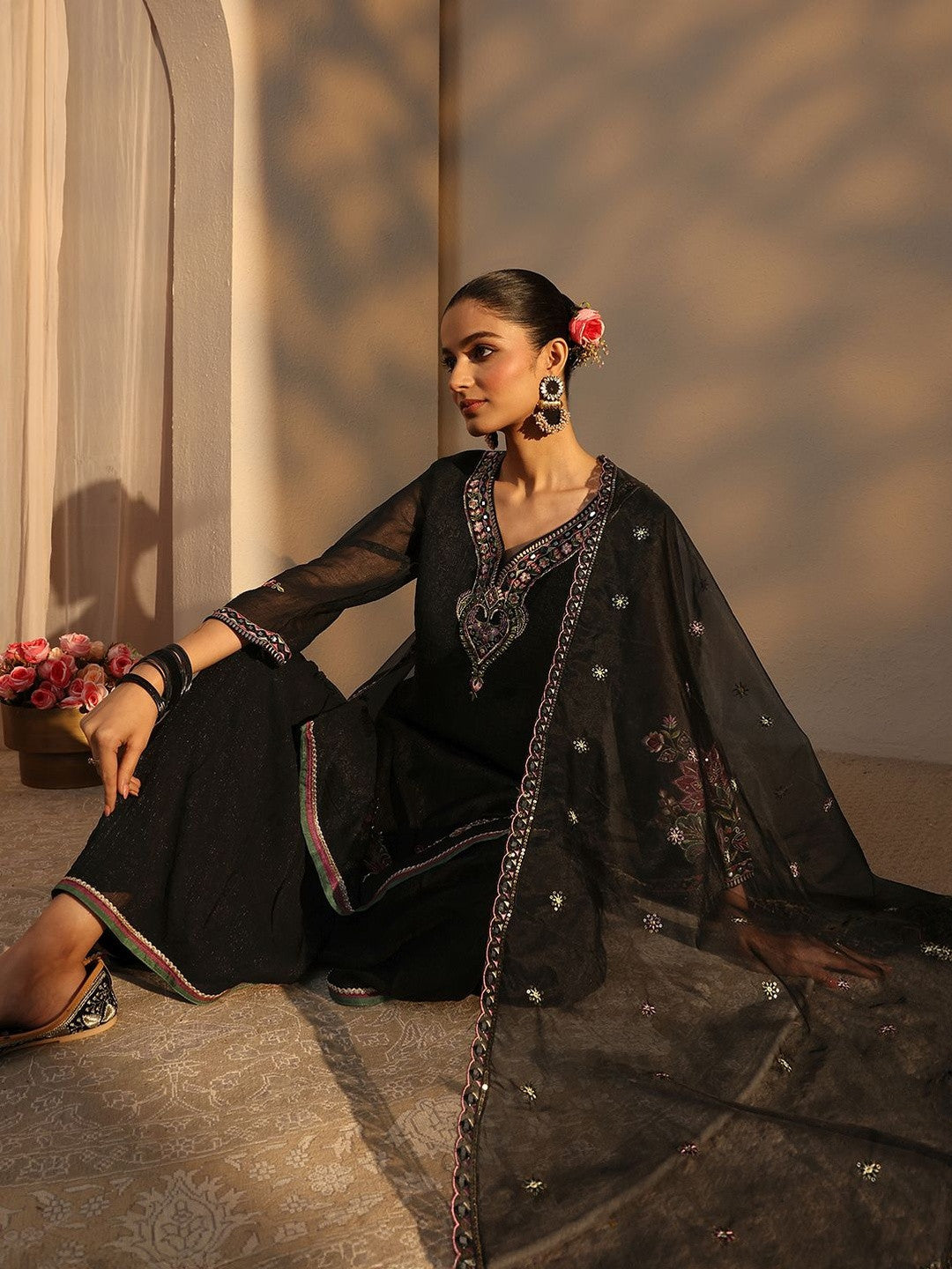 Women Embroidered Regular Silk Chiffon Kurta with Sharara & With Dupatta