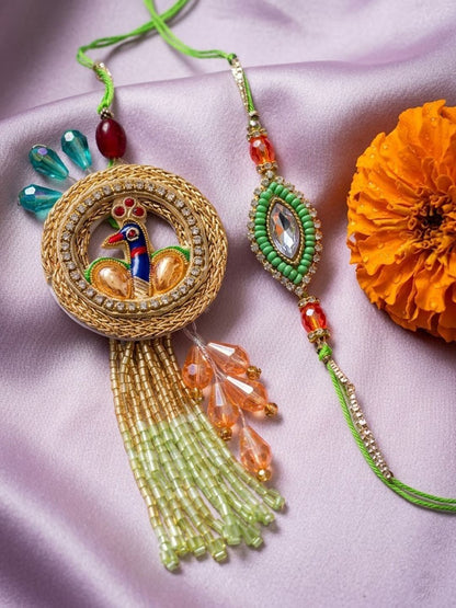 Dhiyona Set Of 2 Artificial Stones Designer Bhaiya Bhabhi Rakhi With Roli Chawal Chandan
