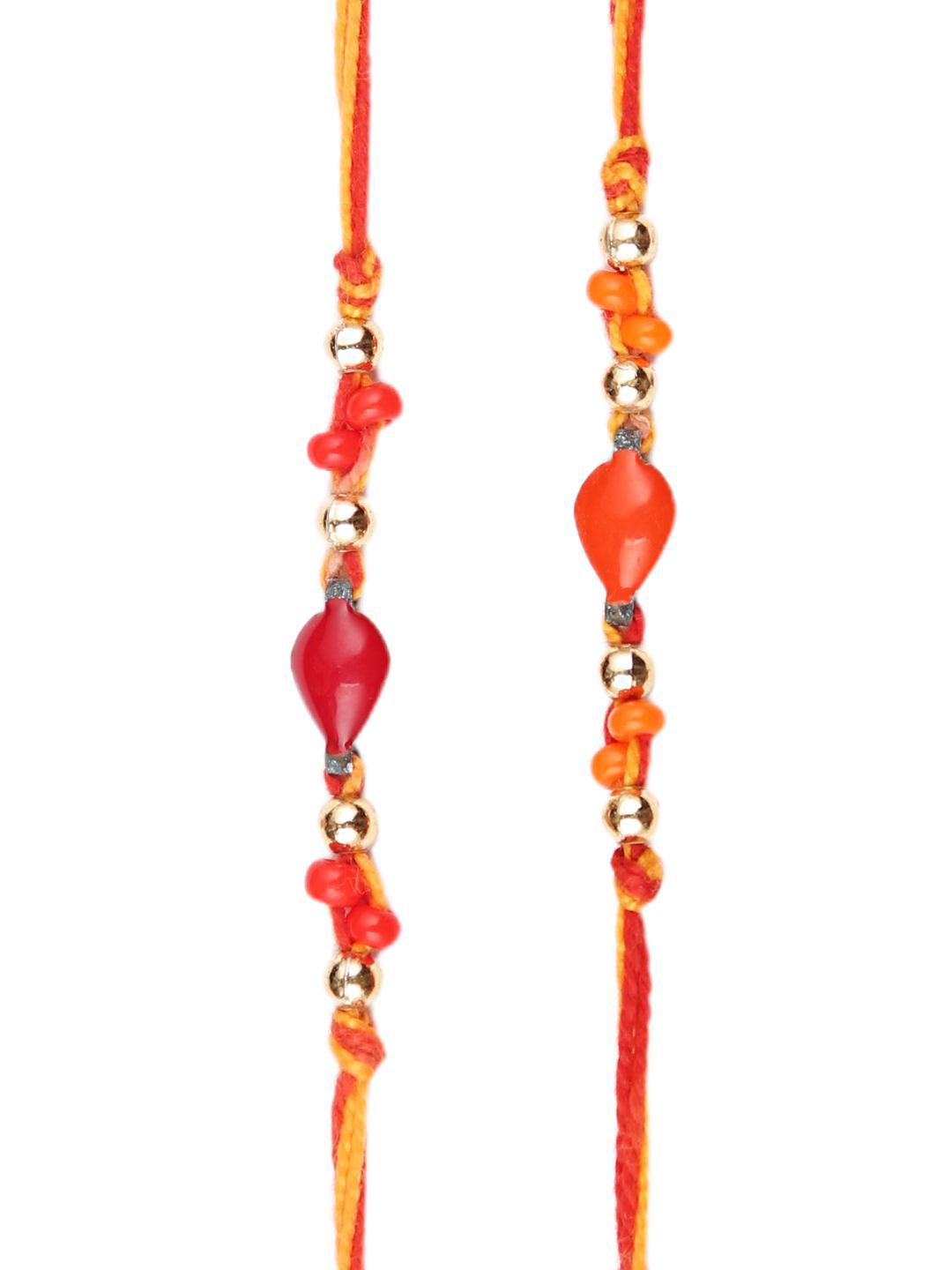 Dhiyona Orange Set Of 2 Beaded Thread Rakhis With Roli Chawal & Greeting Card