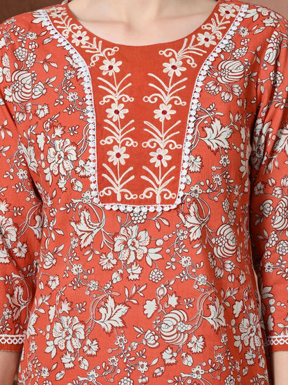 Women Floral Printed Regular Thread Work Pure Cotton Kurta with Trousers & With Dupatta
