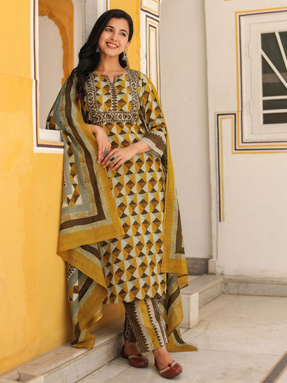 Dhiyona RR Women's Printed Regular Pure Cotton Kurta with Trousers & Dupatta