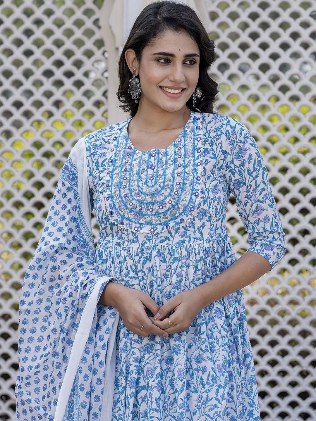 Dhiyona KL Floral Printed Mirror Work Anarkali Pure Cotton Kurta With Trousers & Dupatta
