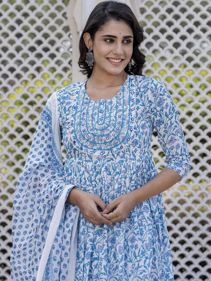 Dhiyona KL Floral Printed Mirror Work Anarkali Pure Cotton Kurta With Trousers & Dupatta