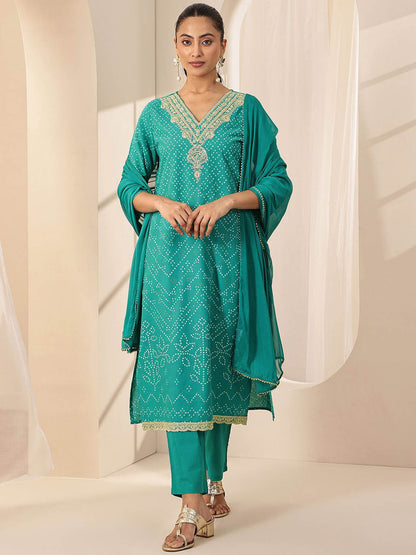 Bandhani Printed Sequinned Straight Kurta with Trouser & Dupatta