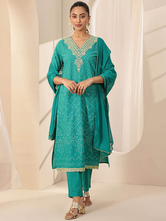 Bandhani Printed Sequinned Straight Kurta with Trouser & Dupatta