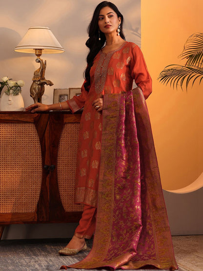 Woven Design Printed Thread Work Straight Kurta With Harem Pants & Dupatta