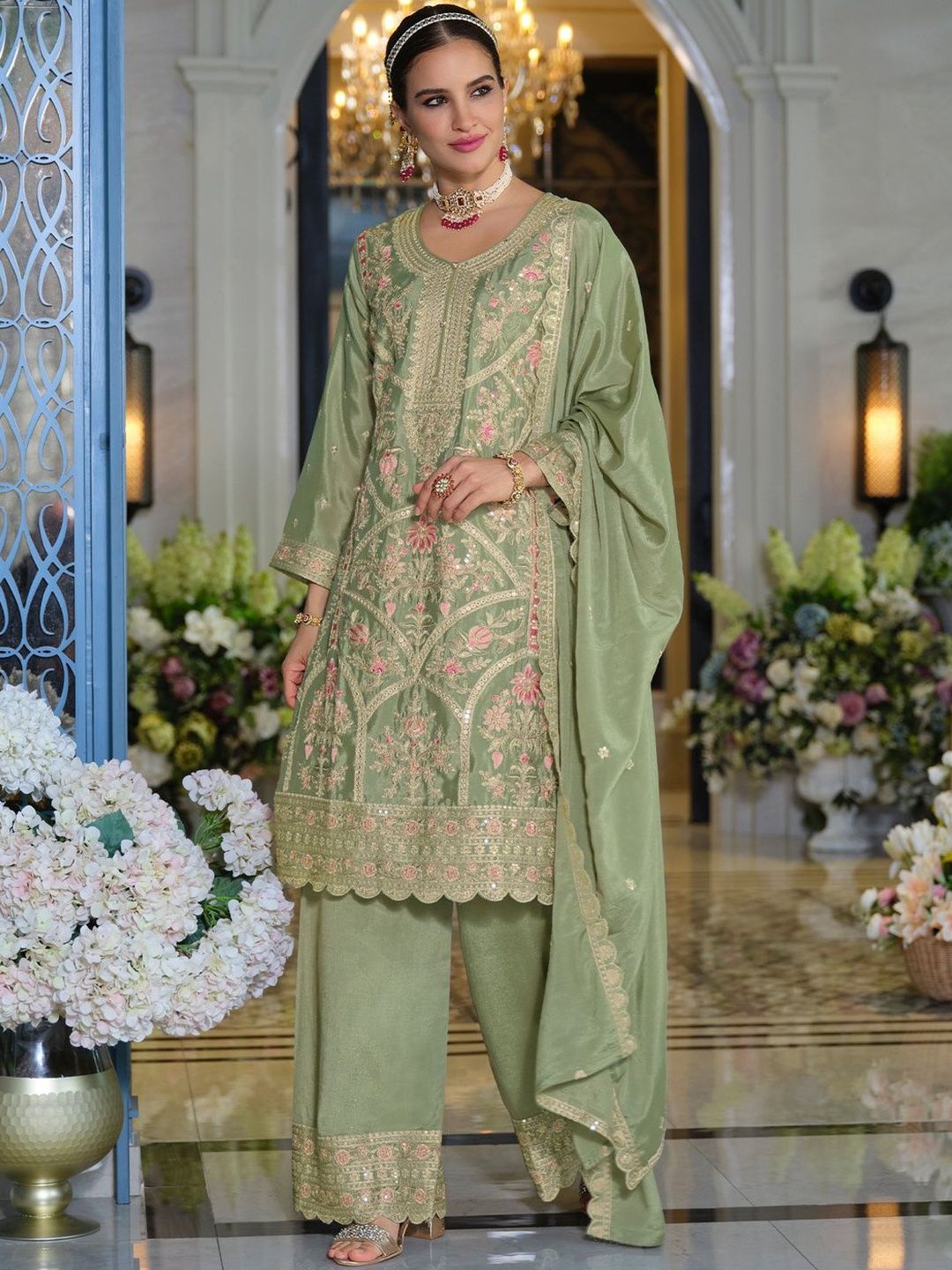 Dhiyona IE Women Ethnic Motifs Embroidered Kurta with Palazzos & Dupatta