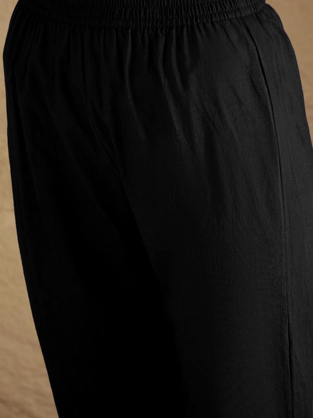 Black Abstract Printed Panelled Square Neck Georgette Straight Kurta With Trousers