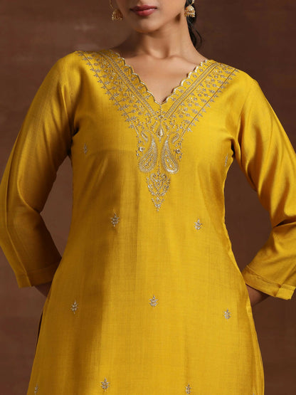 Women's LB Mustard Embroidered Silk Blend Straight Suit With Dupatta