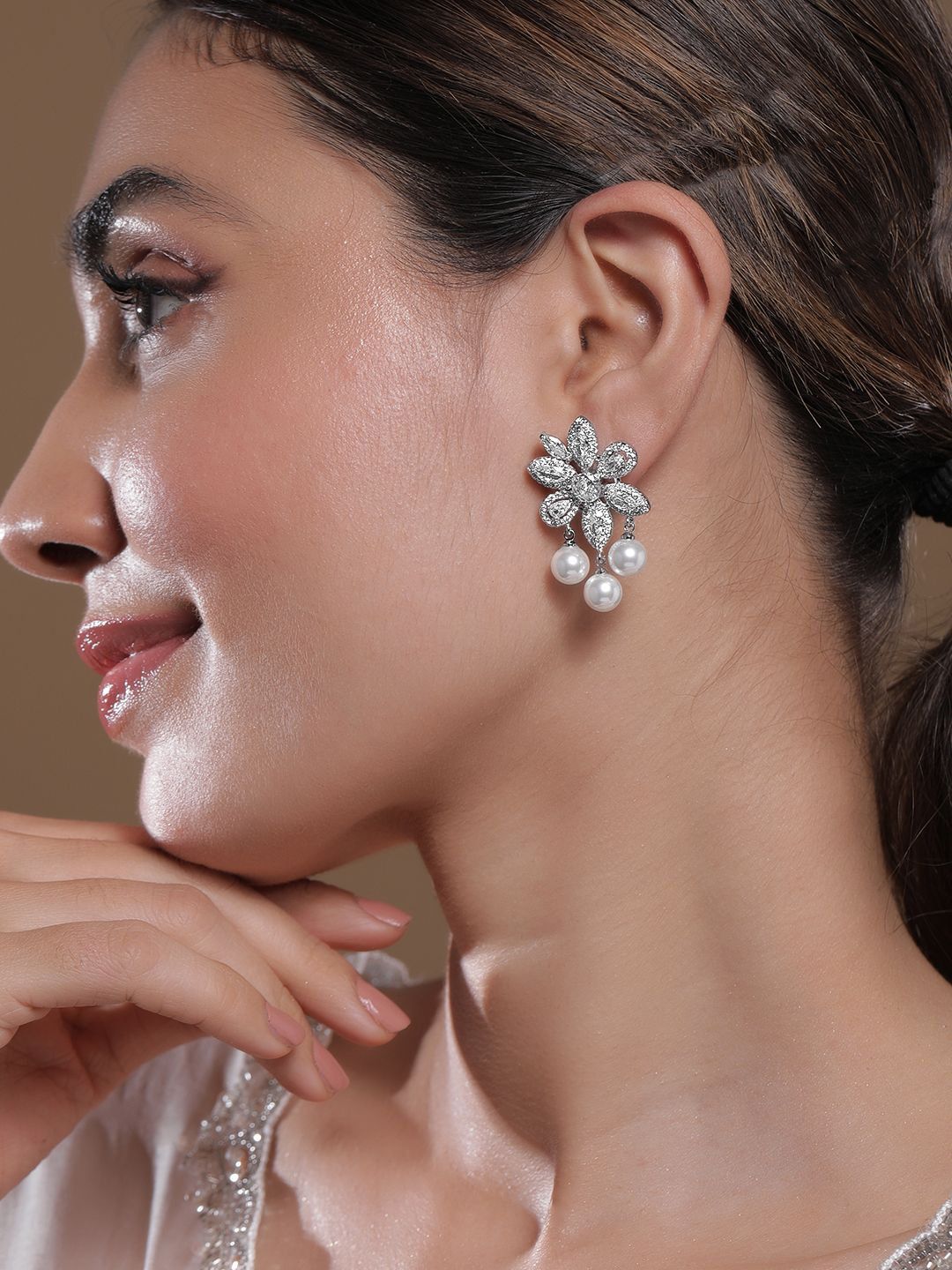 Dhiyona RJ Women's Premium Rhodium-Plated Cubic Zirconia Studded & Pearls Beaded Drop Earrings