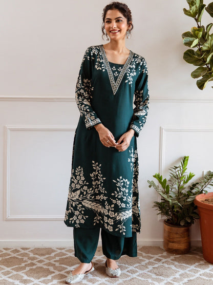 Embroidered & Printed V-Neck Kurta & Palazzos