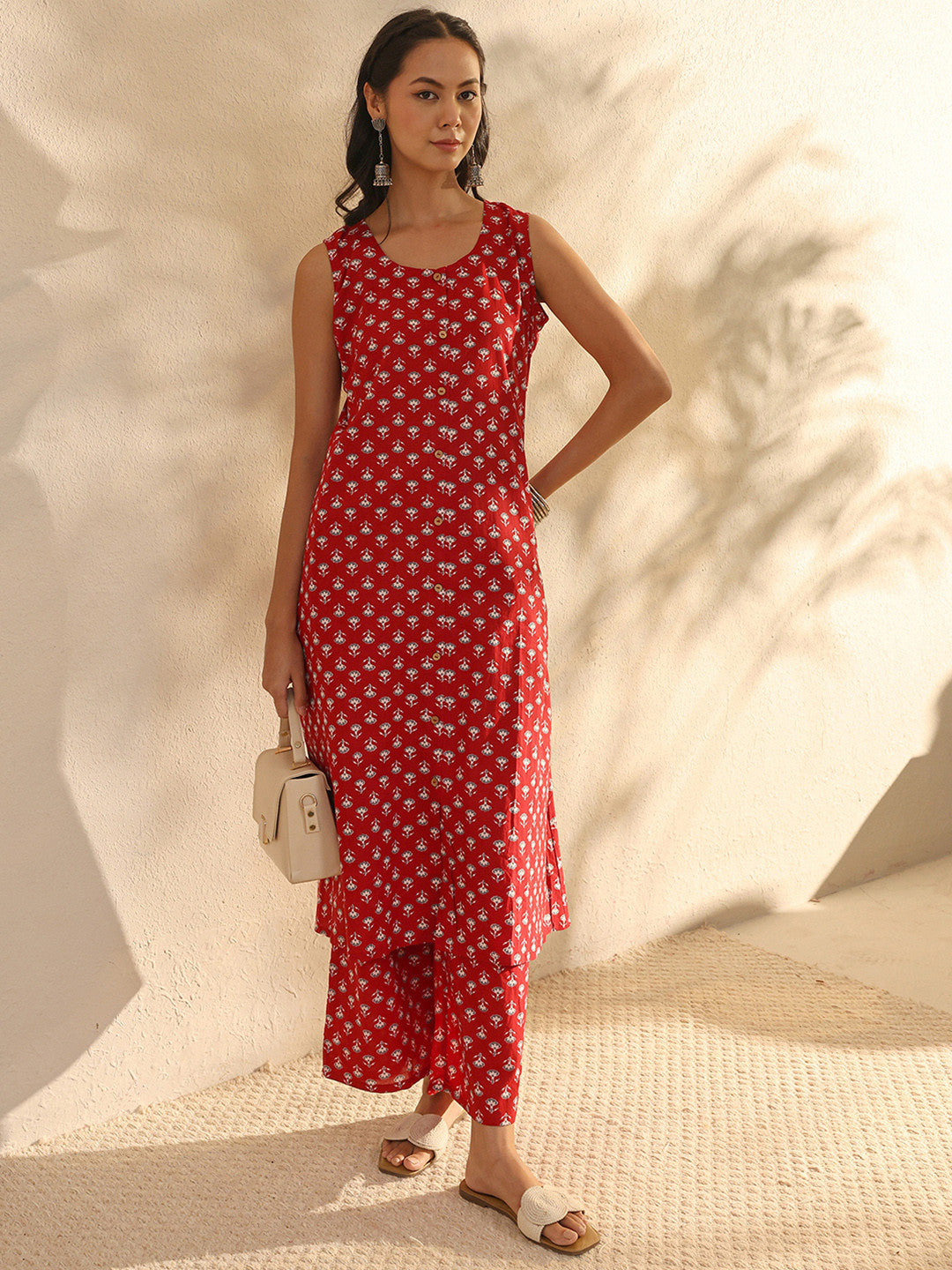 Maroon Floral Printed Cotton A-Line Kurta Set