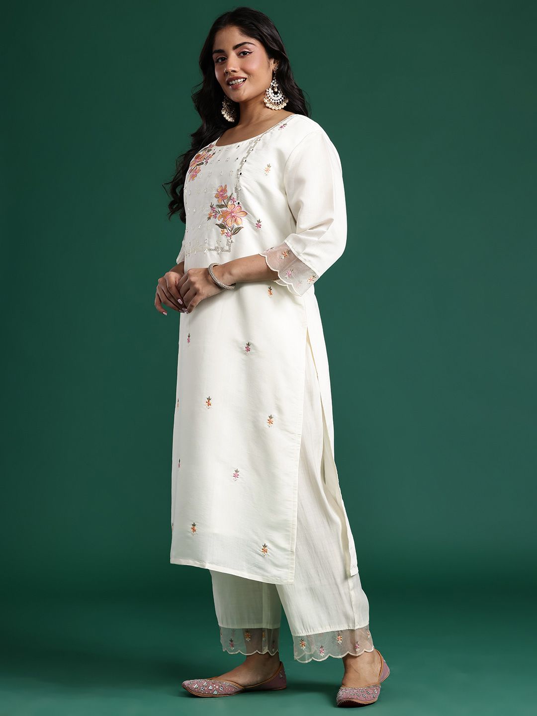 Dhiyona Women's Floral Embroidered Mirror Work Kurta with Palazzos & Dupatta