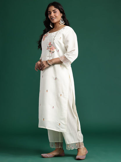 Dhiyona Women's Floral Embroidered Mirror Work Kurta with Palazzos & Dupatta