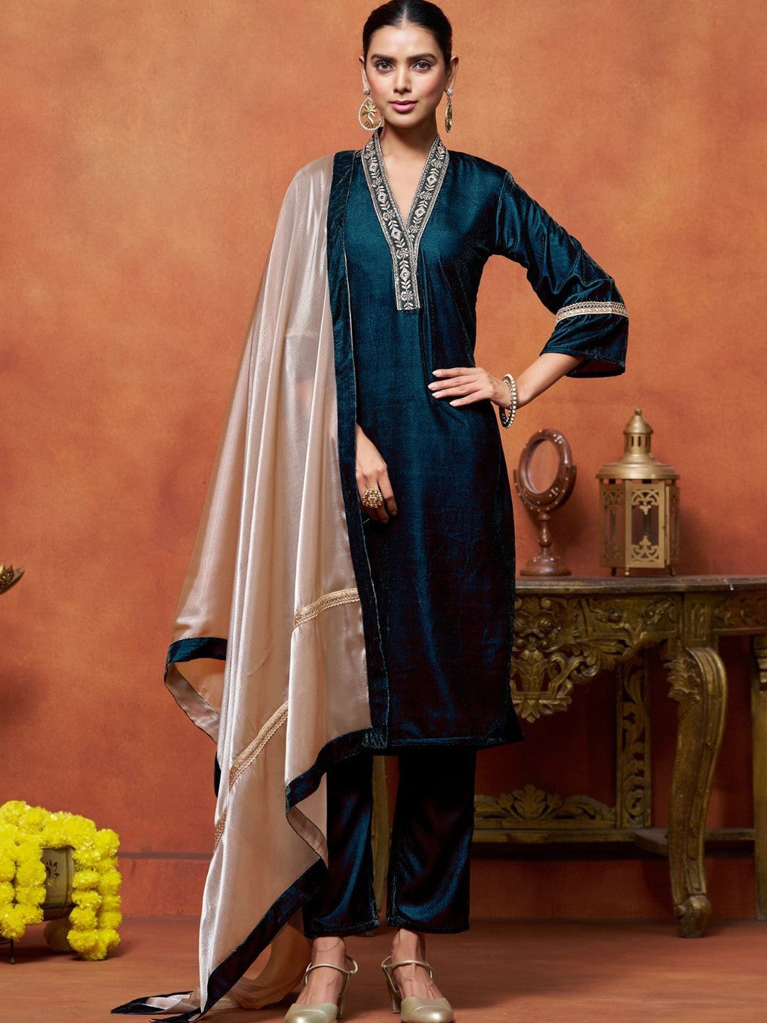 Women Velvet Embroidered Straight Kurta Pant With Dupatta Set
