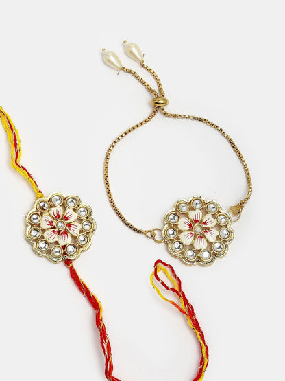 Dhiyona Unisex Set Of 2 Gold Kundan-Studded Bhaiya Bhabhi Rakhi Set With Roli Chawal