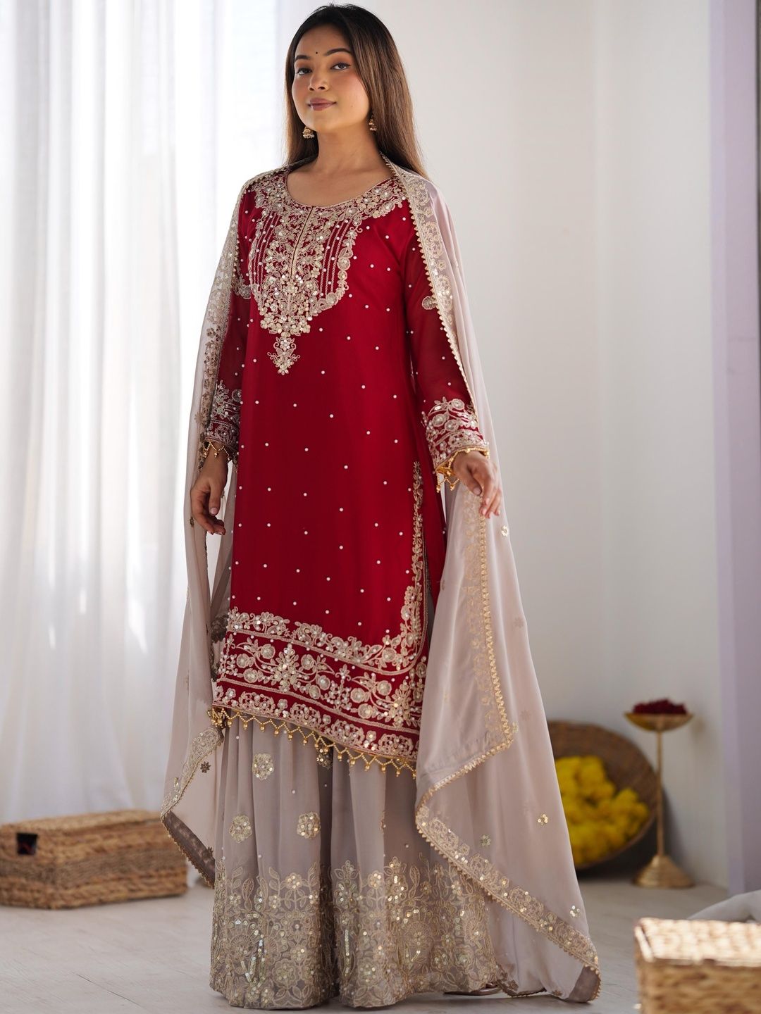 Dhiyona KL Women Embroidered Regular Sequinned Kurta with Sharara & With Dupatta