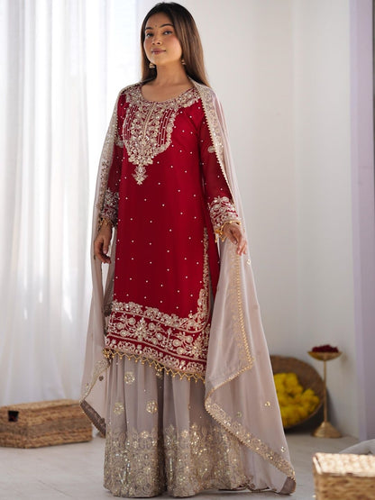 Dhiyona KL Women Embroidered Regular Sequinned Kurta with Sharara & With Dupatta