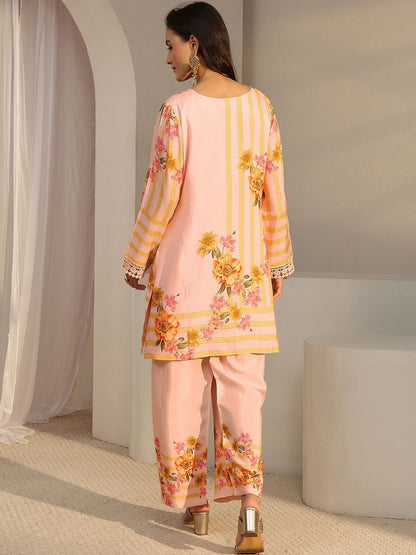 Peach Floral Printed Straight Kurta Set