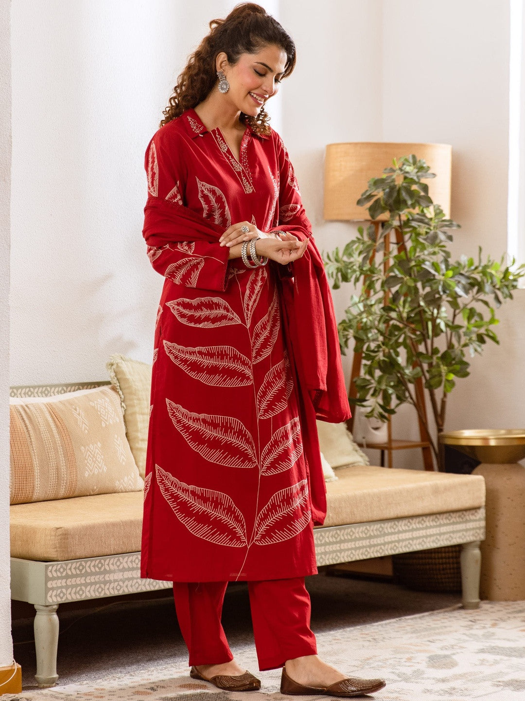 Printed Pure Cotton Shirt Collar Neck Kurta & Trousers With Dupatta