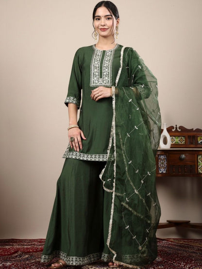 Dhiyona HOP Embroidered Round Neck Straight Kurti & Sharara With Dupatta