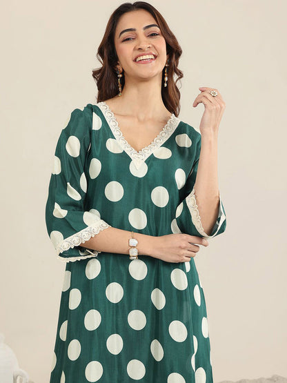 Polka Dot Printed V Neck A-Line Kurta With Trousers & Dupatta