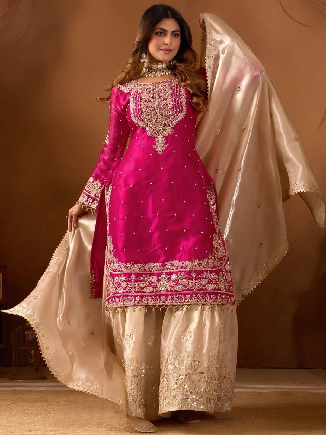 Dhiyona KL Women Ethnic Motifs Embroidered Regular Sequinned Kurta with Sharara & With Dupatta