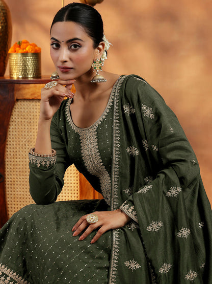 Women's LB Olive Embroidered Silk Blend Straight Suit With Dupatta