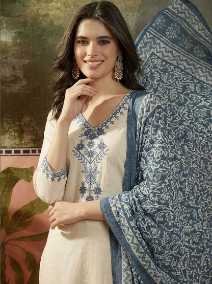 Embroidered Pure Cotton V-Neck Kurta & Trousers With Dupatta