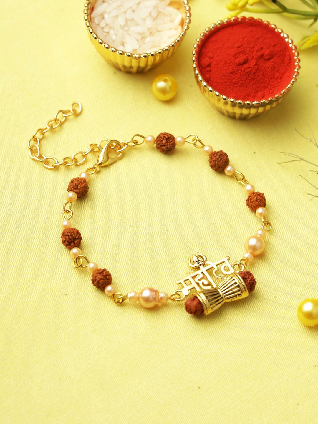 Dhiyona Brown Rudraksh & Pearl Beaded Bracelet Rakhi With Roli Chawal With Greeting Card