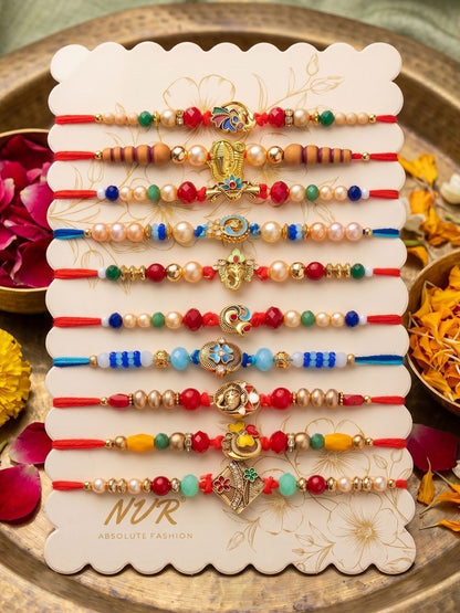 Dhiyona Set Of 10 Artificial Stones & Beads Thread Rakhi With Roli Chawal Chandan Mishri
