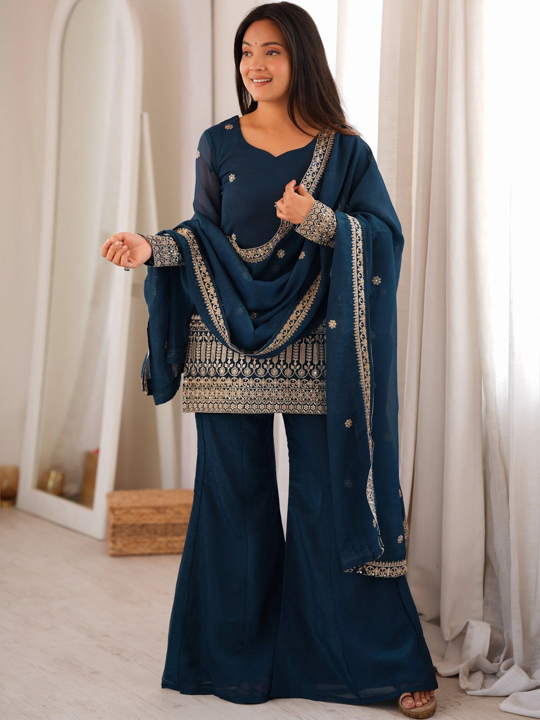 Women Ethnic Motifs Embroidered Regular Kurta with Sharara & With Dupatta