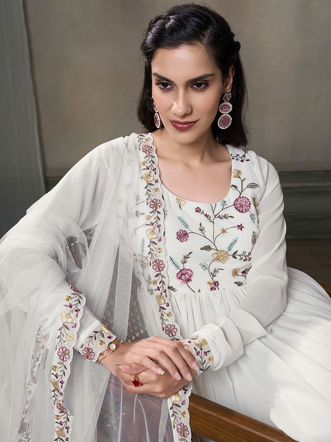 Dhiyona IN Floral Embroidered Thread Work Georgette A-Line Kurta With Palazzos And Dupatta