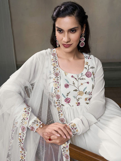 Dhiyona IN Floral Embroidered Thread Work Georgette A-Line Kurta With Palazzos And Dupatta