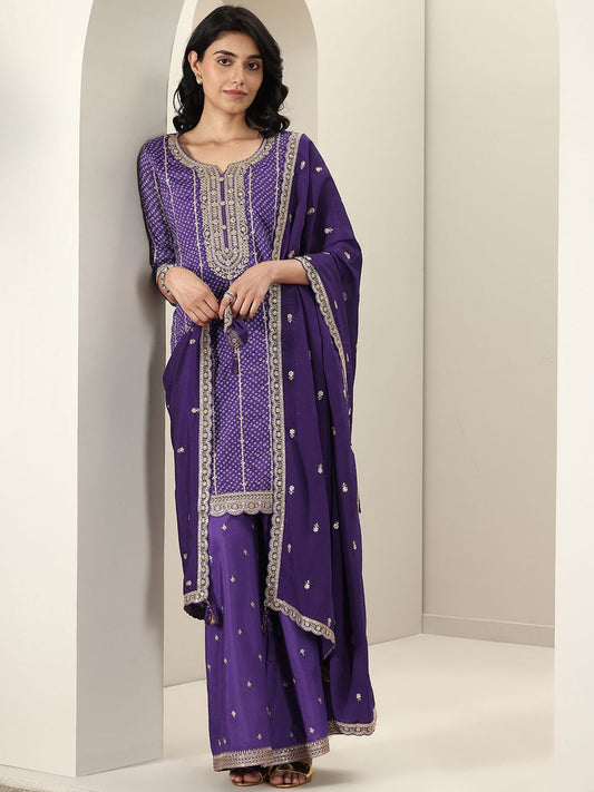 Dhiyona LL Bandhani Printed Sweetheart Neck Straight Kurta With Palazzos & Dupatta