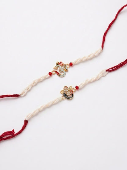 Dhiyona Set Of 2 White Pearls Om & Ganesh Ji Thread Rakhi With Roli Chawal Chandan Mishri
