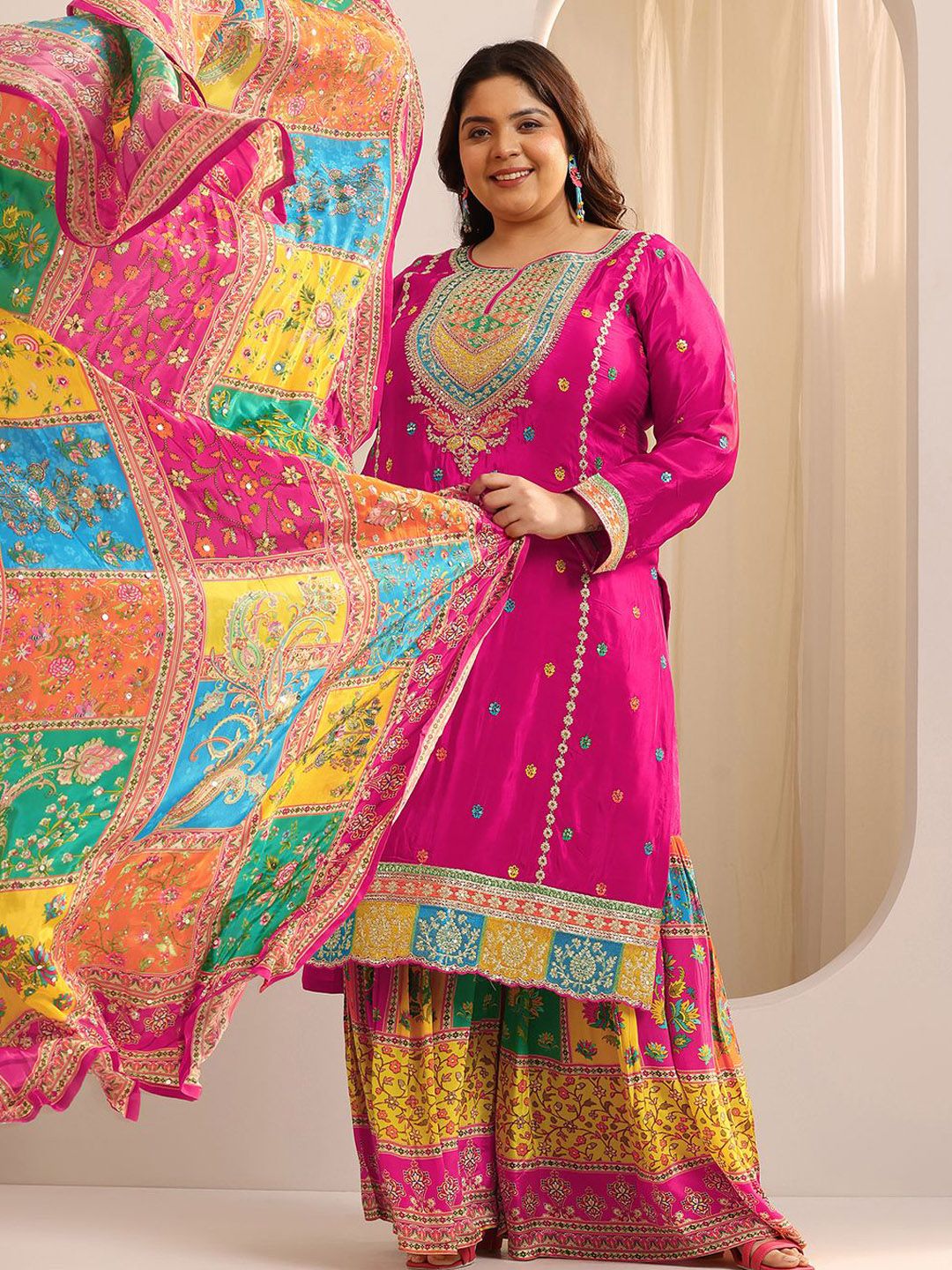 Dhiyona Women's Plus Size Ethnic Motifs Embroidered Kurta with Sharara & Dupatta