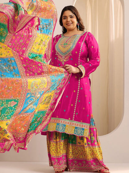 Dhiyona Women's Plus Size Ethnic Motifs Embroidered Kurta with Sharara & Dupatta