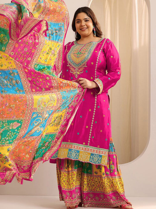 Dhiyona Women's Plus Size Ethnic Motifs Embroidered Kurta with Sharara & Dupatta