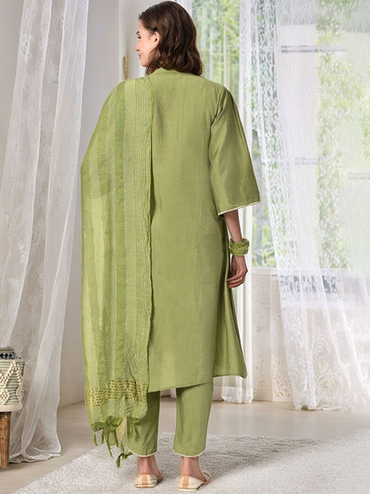 Yoke Design V-Neck A-Line Fusion Kurta With Dhoti Pants & Dupatta