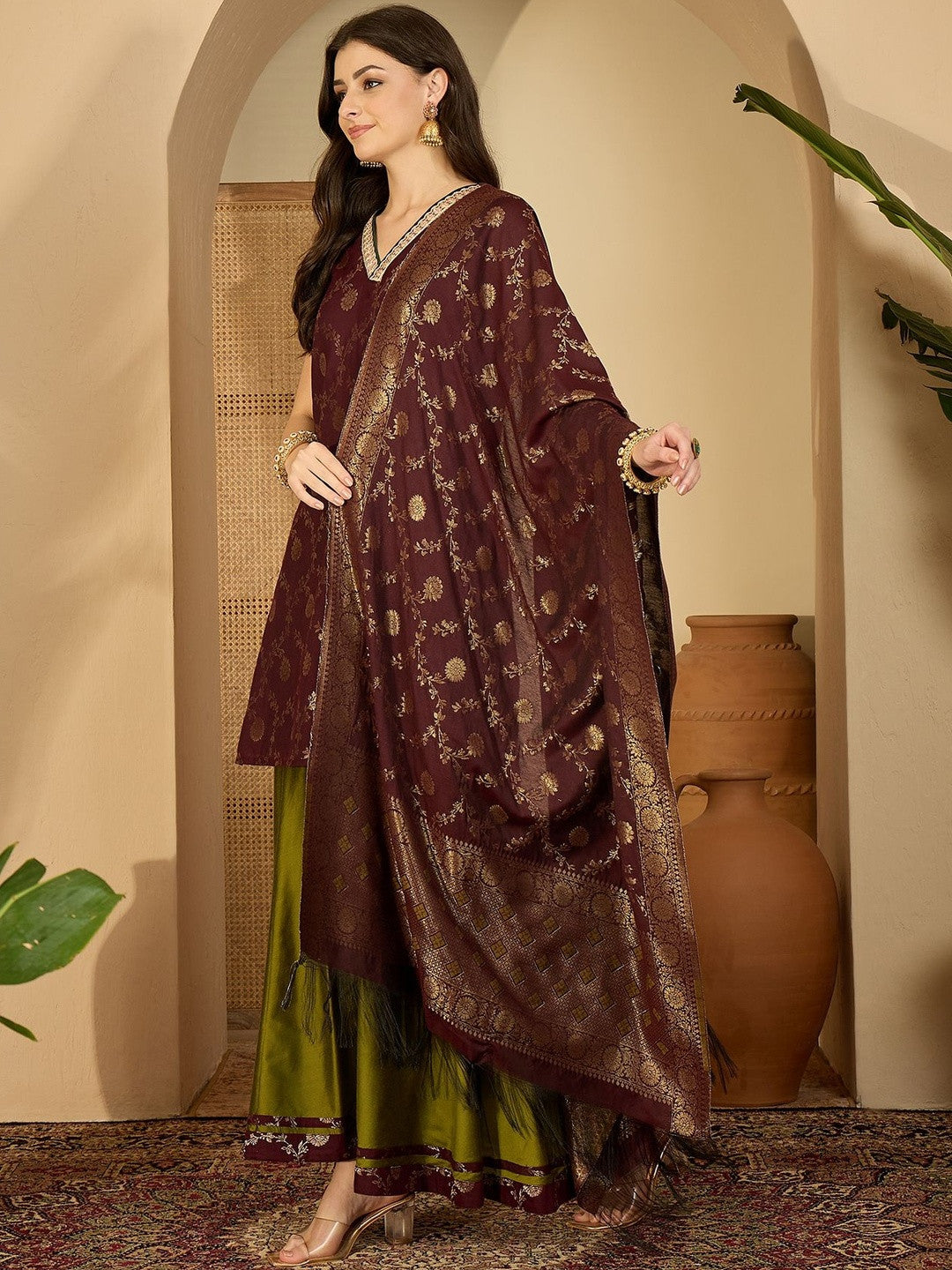 Floral Woven Design Winter Pashmina V-Neck Zari Work Kurta With Palazzo & Dupatta