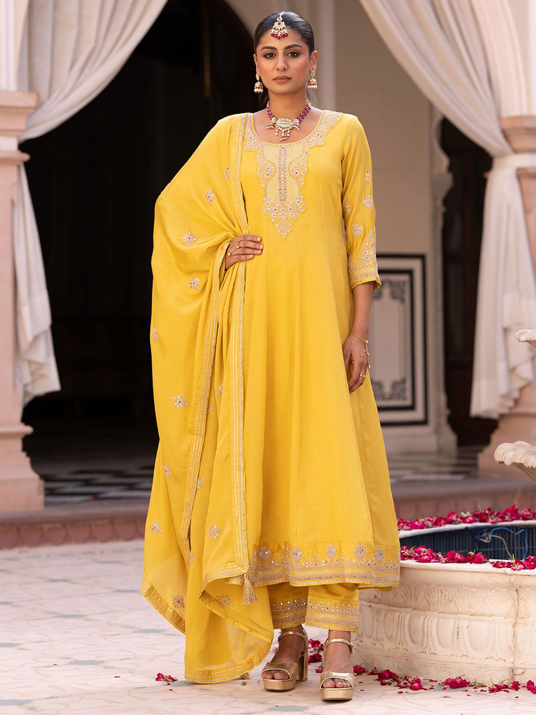 Dhiyona CH Women Ethnic Motifs Embroidered Anarkali Kurta with Trousers & Dupatta