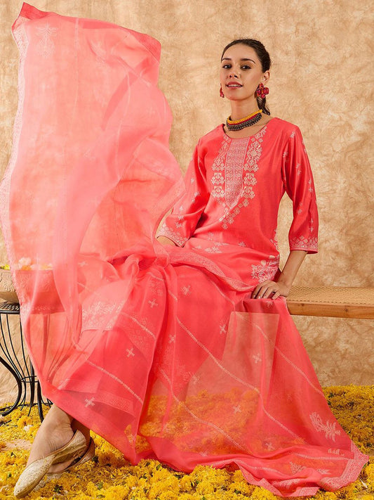 Ethnic Motifs Printed Straight Liva Kurta with Palazzos & Dupatta