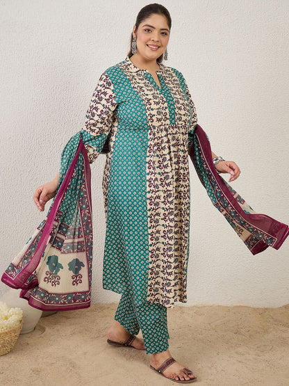Plus Size Multi Printed A-Line Kurta Trousers With Dupatta Set