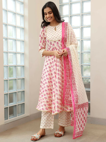 Women's LB Pink Printed Cotton Anarkali Suit With Dupatta